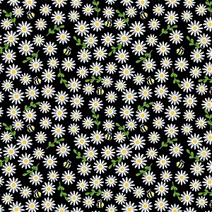 Tecido Tricoline Girassol e Abelhinha Fundo Preto 50cm X 1.50Largura