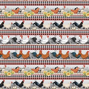 Tecido Tricoline Barrado Galinhas 55cm x 1.50 Largura