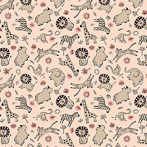 Tricoline Estampado Safari Fundo Rose 50cm X 1.50 Largura