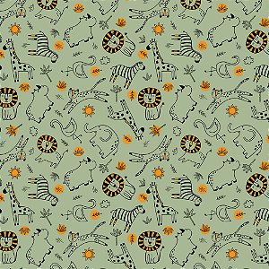 Tricoline Estampado Safari Fundo Verde 50cm X 1.50 Largura