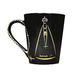 Caneca Nossa Senhora Aparecida Preta com Terço Dourado