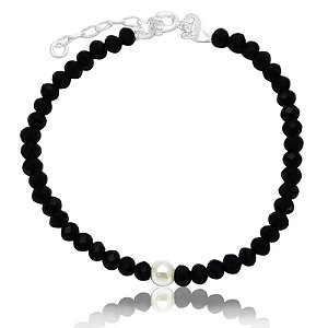 Gargantilha Prata 35+10 Cm Com Pedra Vidro 4 Mm Preta E 01 Pérola 5 Mm