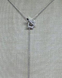 Colar De Aço Gravatinha Com Plaquinha Quadrada, Coração E Fecho T.