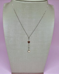 Corrente Gravatinha de Aço Rosé 40cm + 5cm de Extensão com Coração Liso e Pedrinhas Zircônias