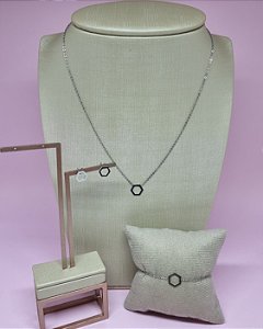 Conjunto Colar, Pulseira E Brinco Hexágono Vazado - 45cm