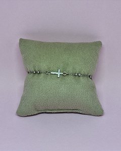 Pulseira Bolinhas de Aço e Cruz em Aço Prateado- 18cm + 3cm