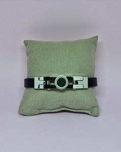 Bracelete Pulseira Masculina de Couro e Aço Prateado- 22cm