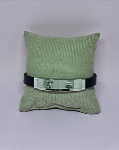 Bracelete Pulseira Masculina de Couro E Aço Prateado - 22cm