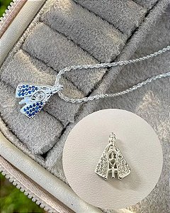 Pingente Prata Nossa Senhora Aparecida 1 Lado Zirconia Safira Outro Lado Zirconia Cristal