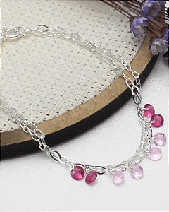 Pulseira Prata Dupla 18 + 2cm com Pontos De Luz Rosa e Pink Pendurados