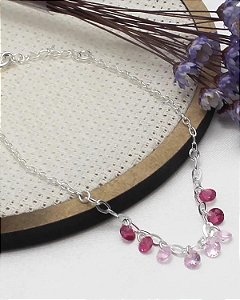 Pulseira Prata 18 + 2cm com Pontos de Luz Rosa e Pink Pendurados