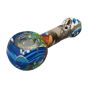 Pipe De Silicone Bolha Bowl De Vidro - Estampa Hidrográfica - Blue Skull
