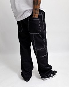 Calça Reta Sarja Carpinteiro (preta linhas brancas)