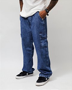 Calça Cargo jeans (Azul Marmorizada)