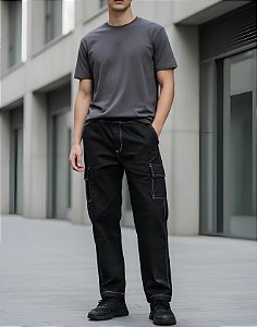 Calça Cargo Juvenil Preta com Linhas Brancas