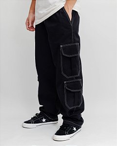 Calça Cargo 4 bolsos Premium ( PRETA LINHAS BRANCAS)