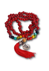 Japamala 108 Contas de Açaí Vermelho com Cores dos 7 Chakras, Medalha Ho'oponopono e Tassel de Seda