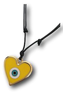 Colar Cordão Pingente Coração 3 cm com Olho Grego e Resina Amarelo Banhado a Ouro - Elegância e Proteção em um Único Design