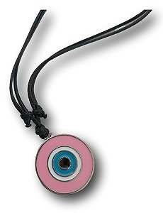 Colar Cordão Mandala Olho Grego em Zamac com Resina Rosa Claro - Banho Níquel, Fio Rabo de Rato, Ajustável, Pingente 2,5 cm