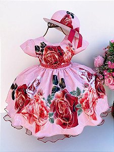 Vestido Infantil Miss Cherry Salmão Florido