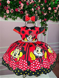 Vestido Infantil Temáticos Luxo Minnie/Minie Vermelho com Detalhes Preto
