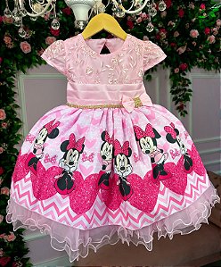 Vestido Infantil Temático Luxo Minnie/Minie Rosa