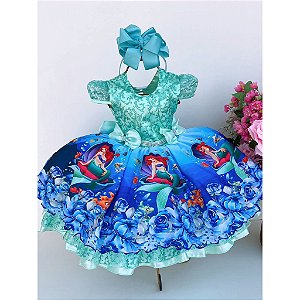Vestido Infantil Princesa Temático Ariel Sereia Azul