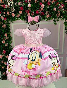 Vestido Infantil Temático Luxo Minnie/Minie Rosa