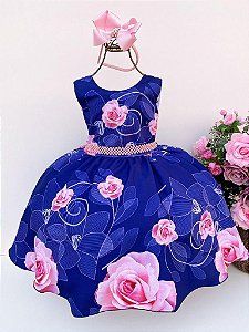 Vestido Juvenil Miss Cherry Azul com Rosa Florido