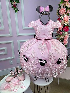 Vestido Infantil Princesa Temático Minnie/Minie Realeza Luxo Rosa Bebê
