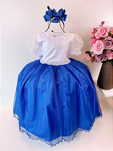 Vestido Infantil Marie Longo Branco com Azul Royal Cinto de "Perolas"