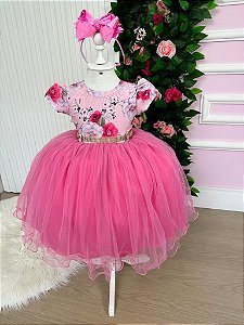 Vestido Menina Bonita Rosa Chiclete Peito Florido