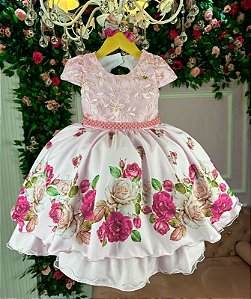 Vestido Juvenil Mimadine Florido Rosa Peito Rendado