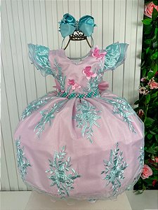 Vestido Infantil Princesa Jardim Encantado Rosa e Verde
