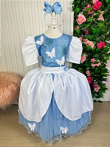 Vestido Marie Azul Borboletas Jardim Encantado - Cinderela