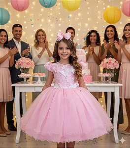 Vestido Marie Jardim Encantado Rosa Bebe Borboleta Branca