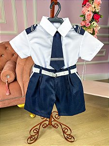 Conjunto Social Miss Cherry Meninos Shorts Marinheiro Azul e Branco