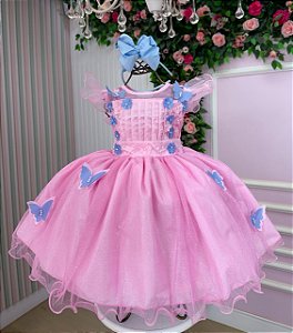 Vestido Marie Jardim Encantado Rosa Borboletas Azul