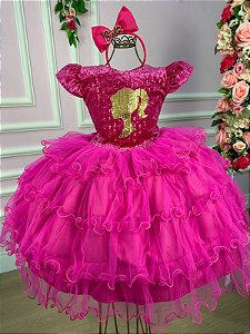 Vestido Princesa Belli Barbie Paete Pink e Dourado