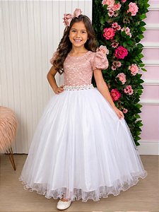 Vestido Enjoy Longo Mari Peito Rendado Rose Saia Branca
