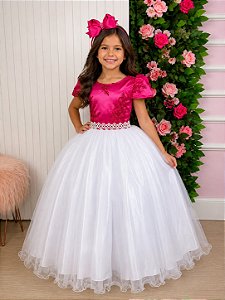Vestido Enjoy Longo Mari Peito Rendado Pink Saia Branca
