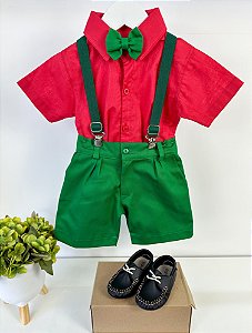 Conjunto Miss Cherry Henry Camisa Vermelha Suspensorio Verde