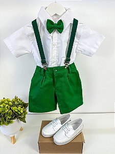 Conjunto Miss Cherry Camisa Branca Suspensorio Verde
