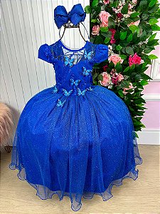 Vestido Vila Lele Longo Jardim Encantado Borboletas Azul Royal