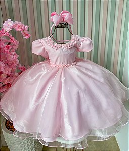 Vestido Belle Fille Rosa Bebe Gola de Perolas