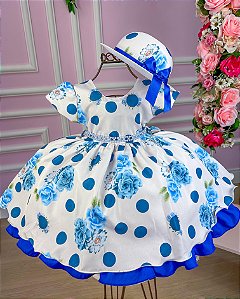 Vestido Miss Cherry Chapeu Florido Poa Azul Royal