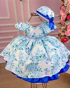 Vestido Miss Cherry Chapeu Florido Borboletas Azul Royal