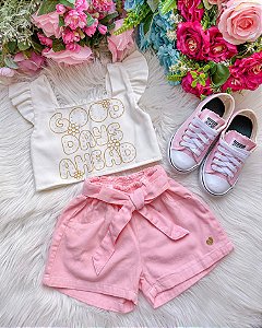 Conjunto Blogueirinha Sarja Shorts Rosa Blusinha Branca
