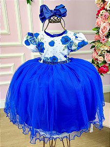Vestido Infantil Menina Bonita Florido Azul Royal