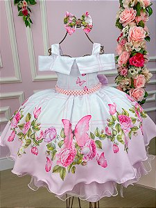 Vestido Mimadine Branco Florido Rosa Manga Princesa